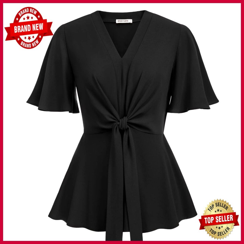 V-Neck Peplum Top With Bell Sleeves, Slim Fit, Polyester Blend